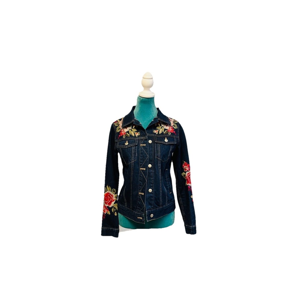 Johnny Was Desi Floral Embroidered Denim Jean Jacket Boho Size Extra Small